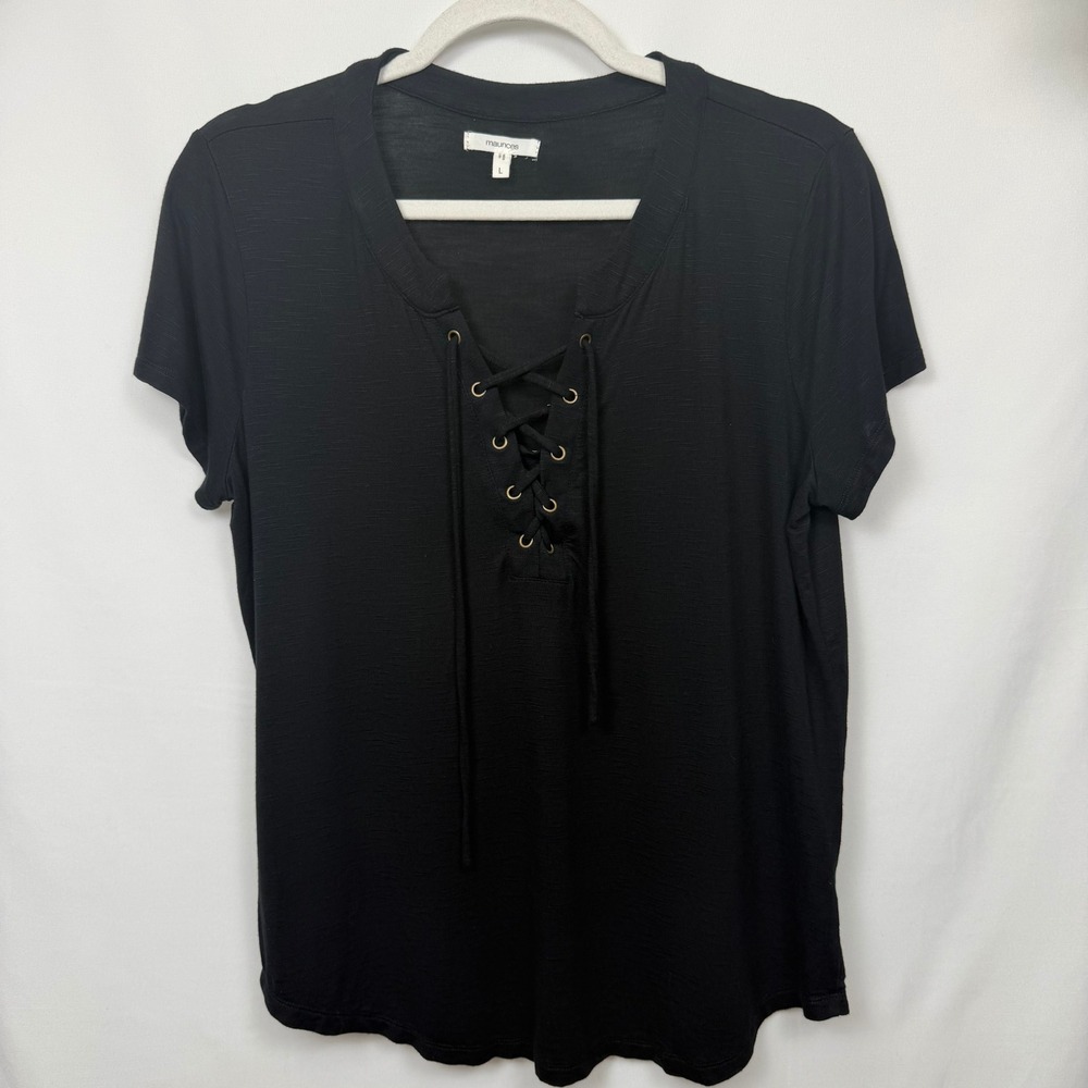 Maurices Womens Black Lace Up V-Neck Short Sleeve Slub Knit Top Large